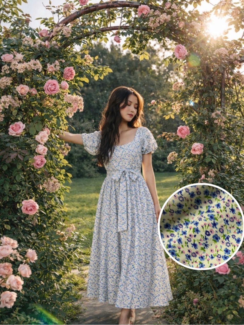 LOVESHACKFANCY Floral Cotton Maxi Dress Cottagecore Garden Party Blue XS 0/2